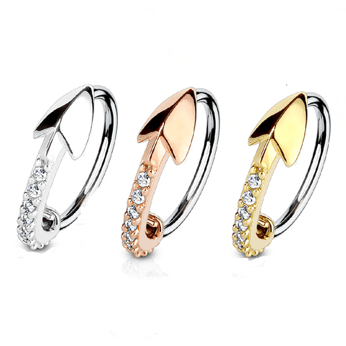 Bendable Hoop Ring with CZ Paved Arrow 316L Surgical Steel Nose and Cartilage 20 ga 18 ga Sold Each  