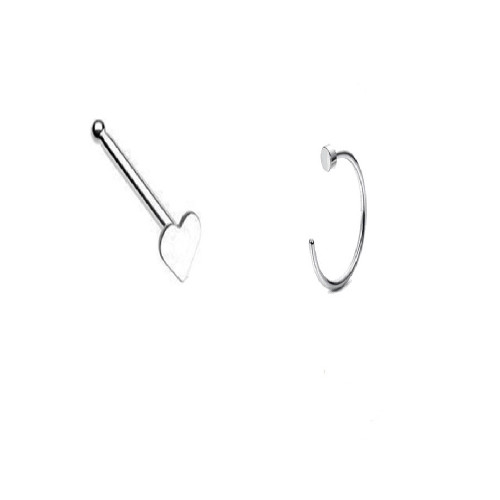 Pack of 2 Anodized Nose Rings- Heart Design Nose Bone & Anodized Nose Hoop 20ga Surgical Steel 