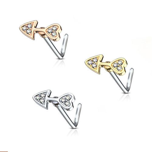 Nose Stud Screw L-Bend Heart Arrow Design 20g with Clear Cubic Zirconia Gems - Out of Stock