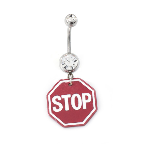 Stop Sign with Cubic Zirconia Belly Button Ring 14g