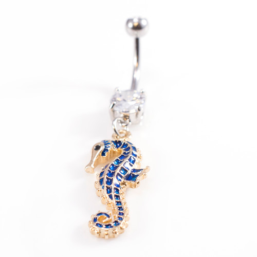 Dangling Blue and Gold Seahorse Belly Ring with CZ Gems