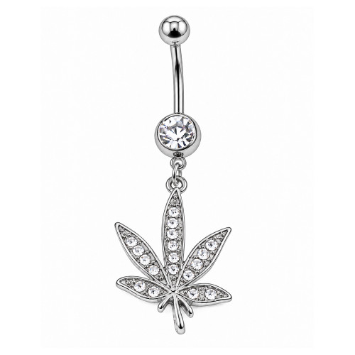 Clear Pot Leaf CZ Dangle Belly Button Ring