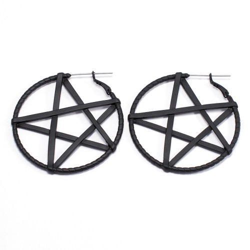 PVD Black Dangle Pentagram Hoop Earrings