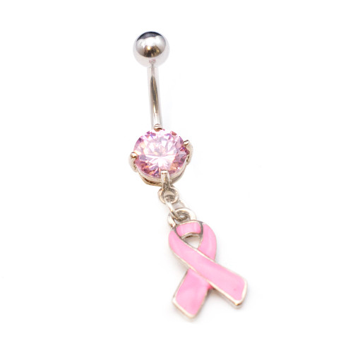 14 gauge Pink Ribbon Breast Cancer Awareness Belly Ring with Prong  Set Jewel
