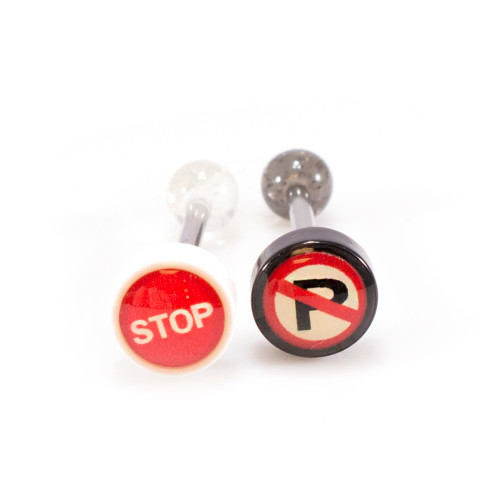 Package of Two Tongue Barbell with Traffic Sign Design 14Ga
