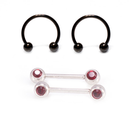 Micro Nipple Barbell with Garnet Cz and Black IP Horseshoe Ring Set 16G 10mm