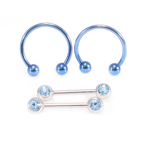 Micro Nipple Barbell with Blue CZ and Blue IP Horseshoe Ring Set 16G 10mm