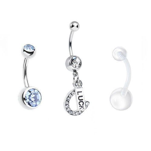 Pack of  Belly Button Rings with Cz and Belly Button Retainer 14g- 3pcs