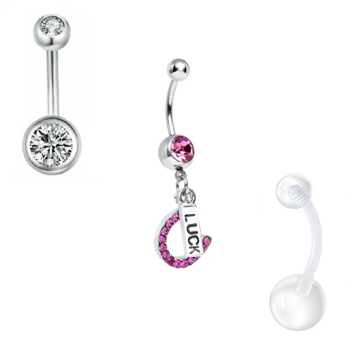 Pack of  Belly Button Rings with Cz and Belly Button Retainer 14g- 3pcs