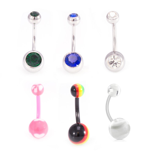 Pack of Surgical Steel Belly Rings with Cz and Flexi Acrylic Belly Rings with Unique Design Assorted Colors-14g- As Pictured- 6pcs