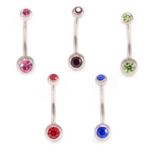 Pack of 5 Belly Button Rings Solid Titanium with Two CZ Jewels 14g- Assorted Colors 