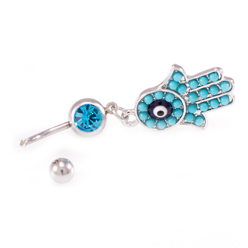 Pack of 3 Evil Eye- Tree of Life, Infinite Love, and Hamsa Hand Dangle Belly Rings 14ga