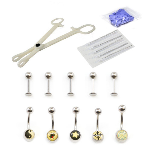 Piercing Kit 17pcs Logo Belly Rings, Labrets, Disposable forceps, Needles and Gloves 14ga