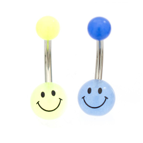 Pack of Two Glow in the Dark Smiley Face Belly Button Rings 14ga