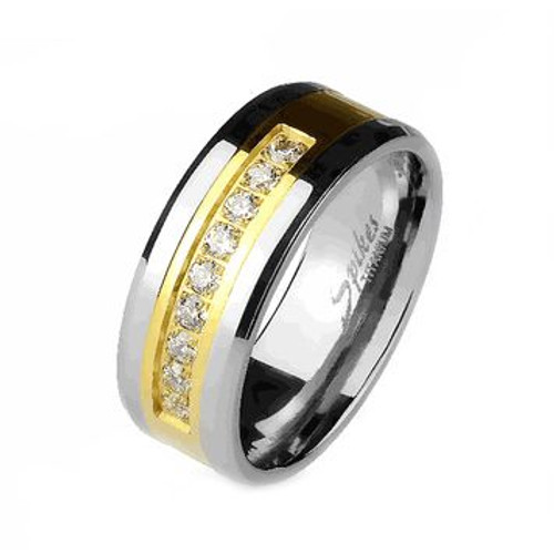 Solid Titanium Band Ring with Gold Center and CZ Gems
