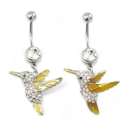 Humming Bird Design Dangle Belly Button Ring with Clear CZ Gems 14G Humming Bird Design Dangle Belly Button Ring with Clear CZ Gems 14G