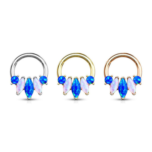 Nose Septum and Ear  Hinged Clicker Hoop with 5-Marquise Opal Set Surgical Steel 16ga - Sold Each  