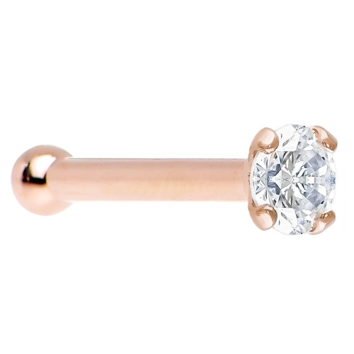 14K Solid Rose Gold 20ga Nose Bone with Clear Prong-Set CZ Gem