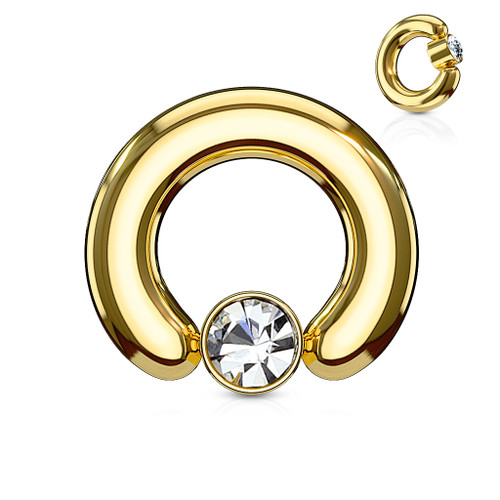 Crystal Set Round Cylinder Large Gauge Captive Ring IP Gold