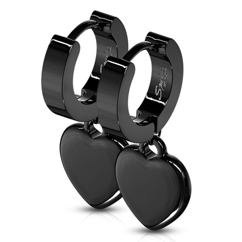 PVD Black Dangle Heart Hinged Hoops Earrings