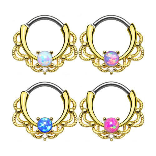 PVD Gold Lace Design Opal Clicker Hoop Septum Rings PVD Gold Lace Design Opal Clicker Hoop Septum Rings
