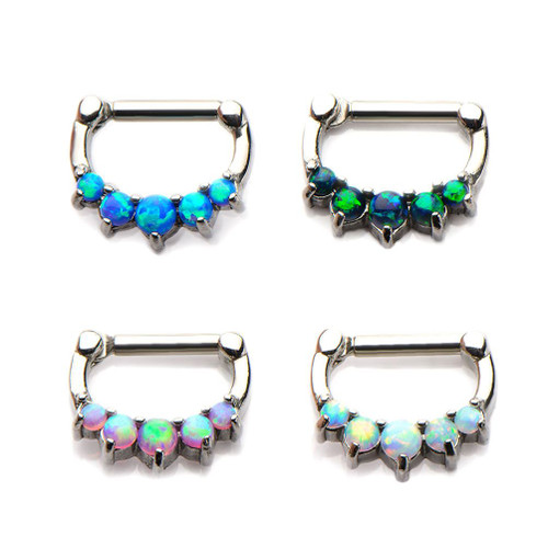 Septum Clickers with 5 Prong Set Synthetic Opal Jewels - 316L Surgical Steel