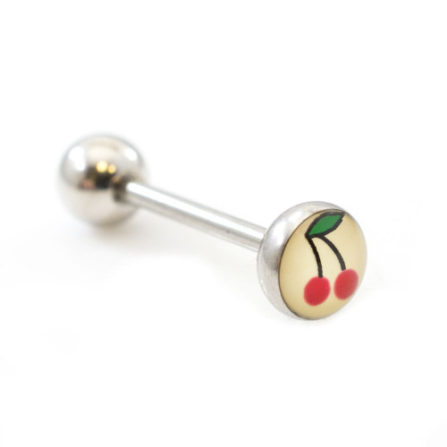 Small Cherries Design Tongue Barbell 14ga 316L 
