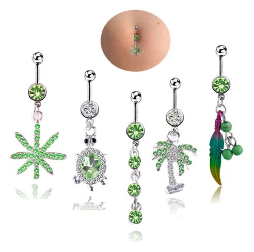 5PCS Green Clear CZ Dangle Belly Button Rings