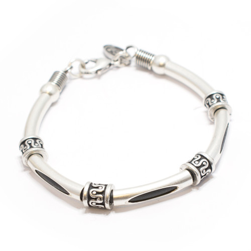 Silver Plated Bracelet with Silver and Black Swirl Designed Beads