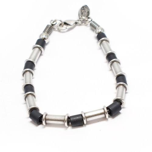 Silver Plated Bracelet with Black and Silver Cylinder Beads