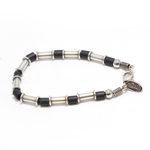 Silver Plated Bracelet with Black and Silver Cylinder Beads