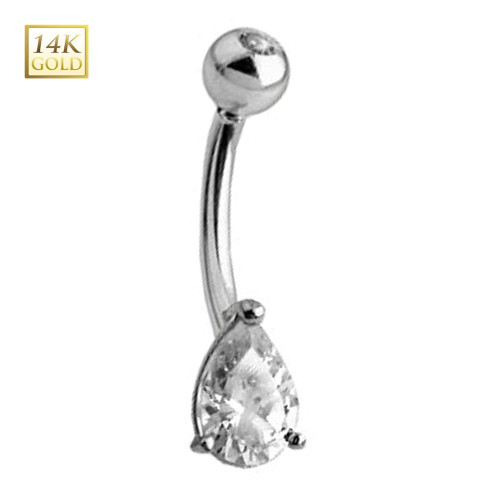 White Gold Teardrop CZ Belly Button Ring