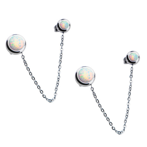 Bezel Opal Double Stud Chain Earrings