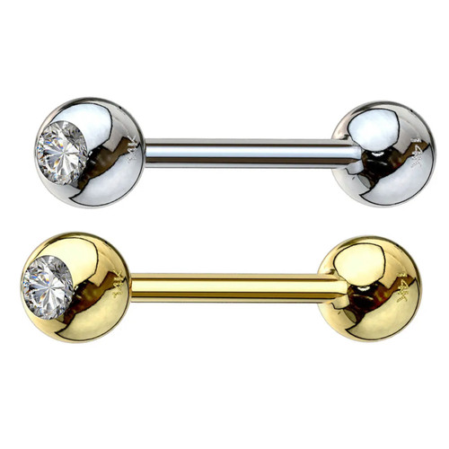 14K Gold CZ Straight Barbell