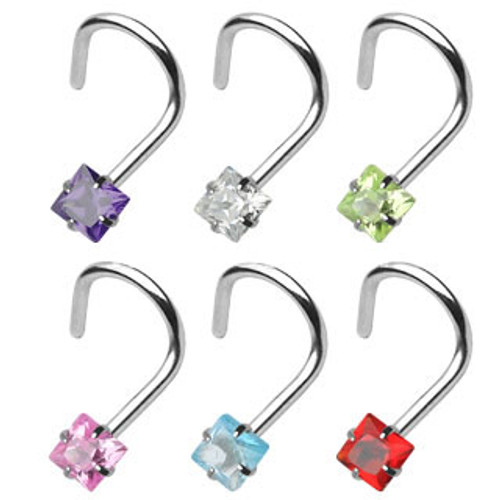 Nose Screw 18 Gauge with 3mm Prong Set Square Gem Surgical Steel