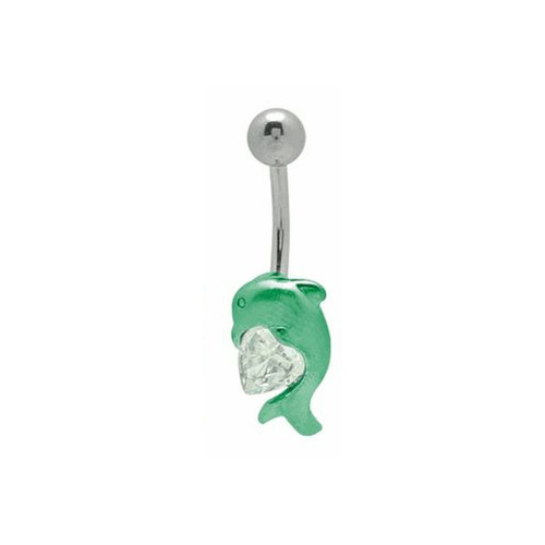 Green Anodized Titanium Dolphin with Heart 14 gauge Belly Button Ring Green Anodized Titanium Dolphin with Heart 14 gauge Belly Button Ring