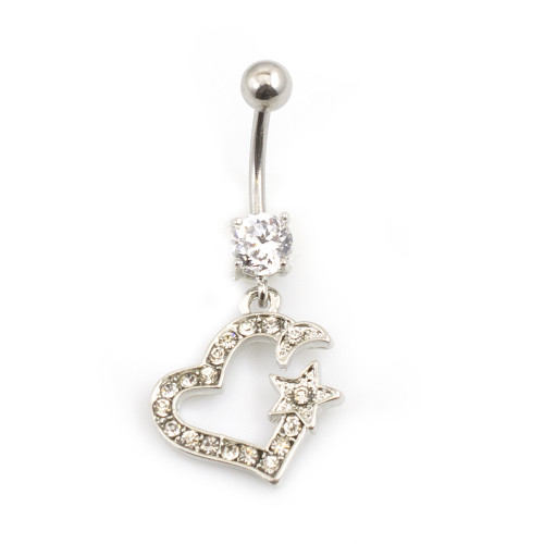 Belly Button Ring with a Heart Featuring a Star and Moon with Multiple CZ Gems 14G