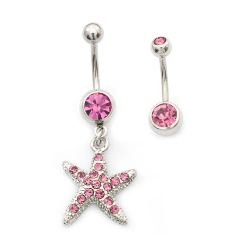 2PCS Bezel Pink CZ Star Belly Button Ring