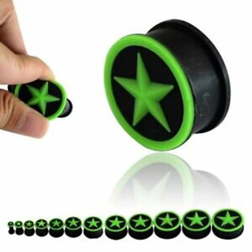 Pair of Black and Neon Green  Silicone Star Design Ear Plugs( 0ga-1 in)