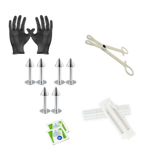 12-Piece Labret Lip Monroe Cartilage Piercing Kit - Includes (6) 16g Labret Lip Monroe Cartilage, (2) Needles, (1) Forceps, (2) Alcohol Wipes and a Pair of Gloves-1