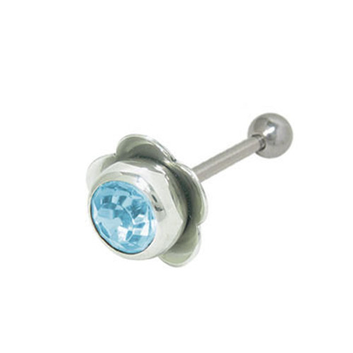 Barbell Tongue Ring Surgical Steel with Flower and Jewel Design-2