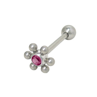 Barbell Tongue Ring Surgical Steel with Jeweled Flower Design-9