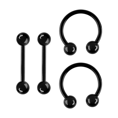 Set Of 4 Barbells and Horse Shoe Tongue Nipple Rings Black Ion Plated over 14 Gauge 