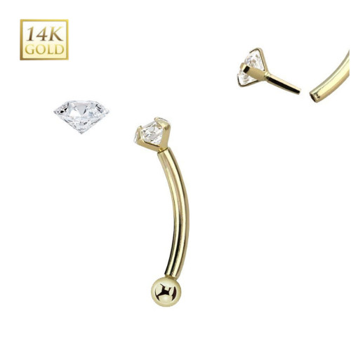 14K Gold Threadless Top 2.5mm Diamond Curved Barbell Piercing 16G