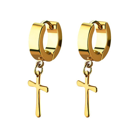 PVD Gold Dangle Cross Huggie Earrings