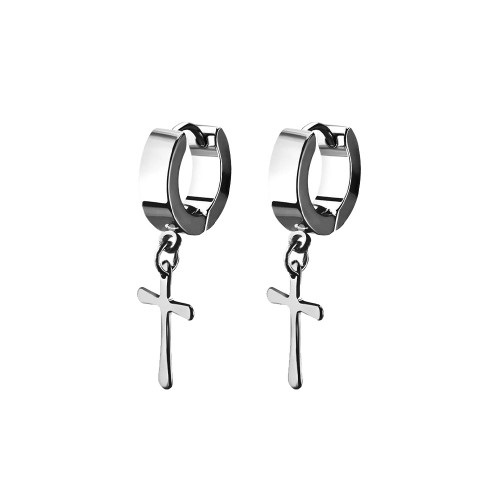 Earrings stainless steel mirror polished huggie with a steel cross dangling part one pair