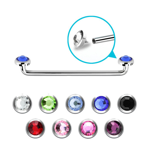 Surface barbell surgical steel with internal threading 14 Gauge with 90º angle sides and 5mm press fit flat gem tops