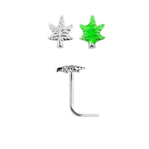Nose stud  L shaped  Sterling Silver Pot Leaf  design  22 gauge