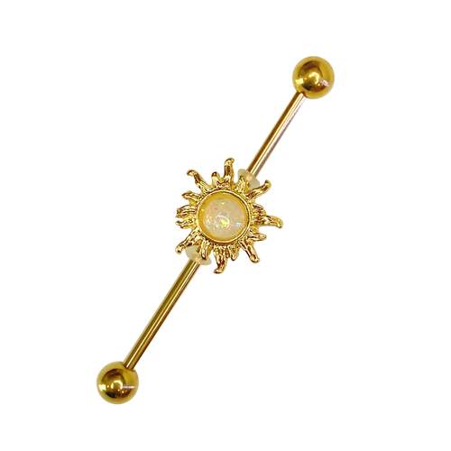 Barbell Industrial ear jewelry Surgical Steel Gold Ion Plated with Flower Oplaite Center design 14 Gauge