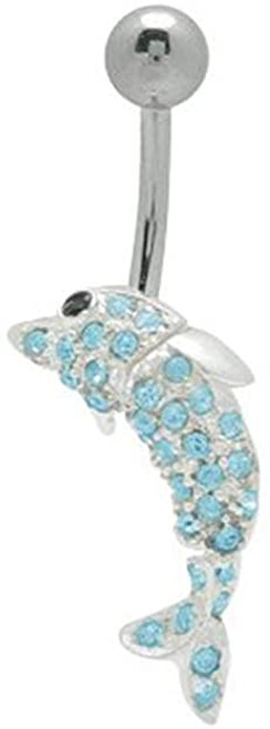 Cool Jeweled Dolphin Dangler Tail Belly Button Ring Light Blue